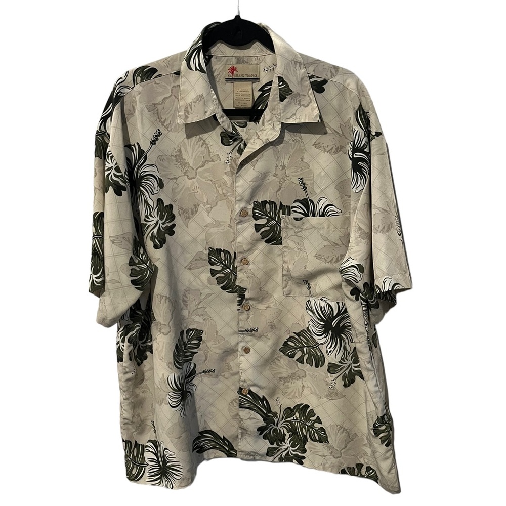 XG Island Tropics Hawaiian White Green Hibiscus Fern Men’s XL Shirt